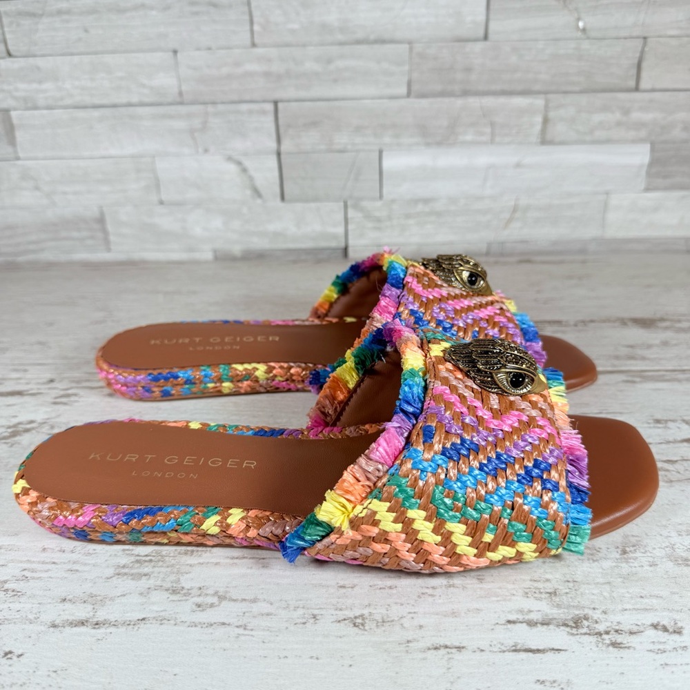 Kurt Geiger Kensington Eagle Casual Flat Raffia Slide Sandals EU 39 Rainbow New - Picture 2 of 14